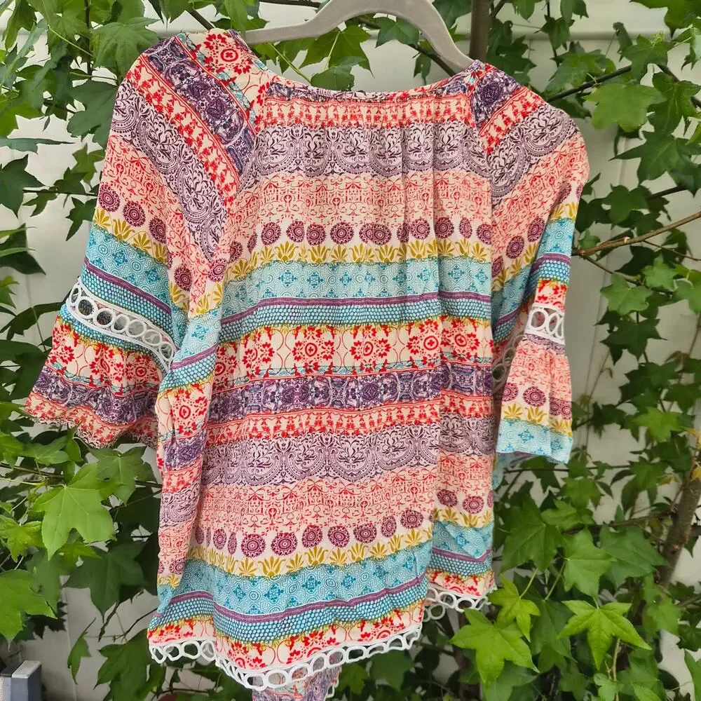 Latitude 10 Womens Boho Paisley Peasant Top Bell Sleeve Crochet Trim - Sz 2X - Picture 8 of 8